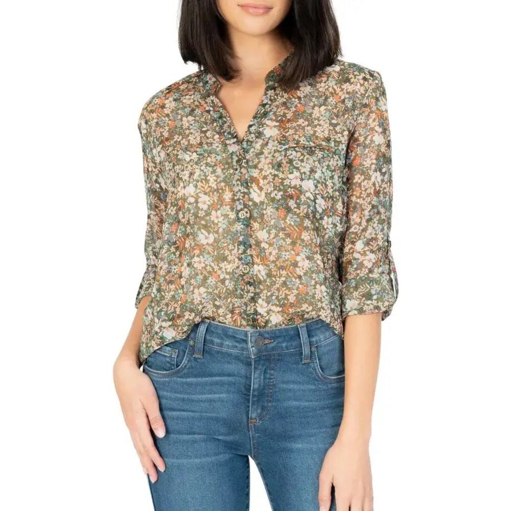 Kut from the Kloth jasmine floral button up top sz S Sheer lightweight boho